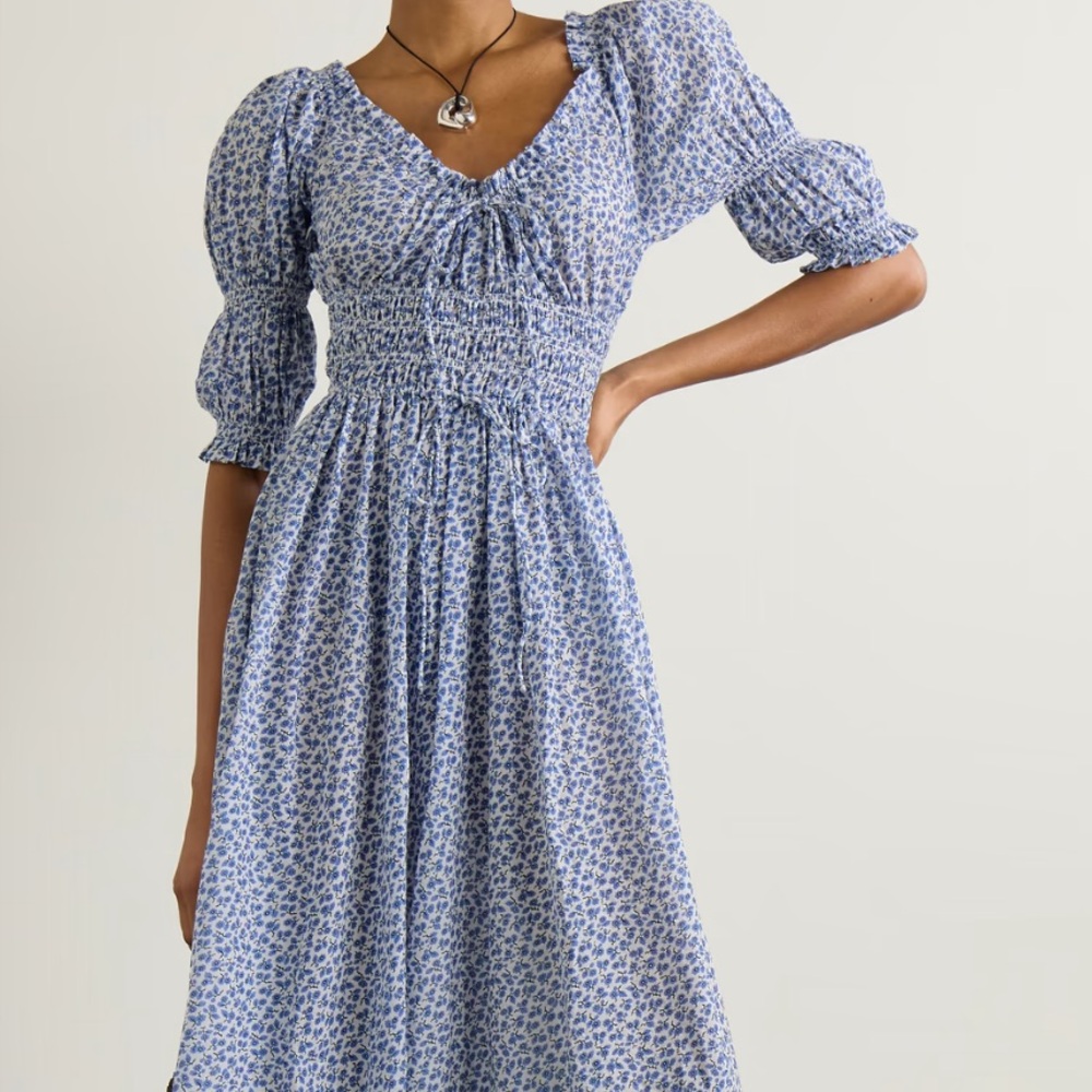 Doen Ischia shirred floral-print organic cotton-voile midi dress